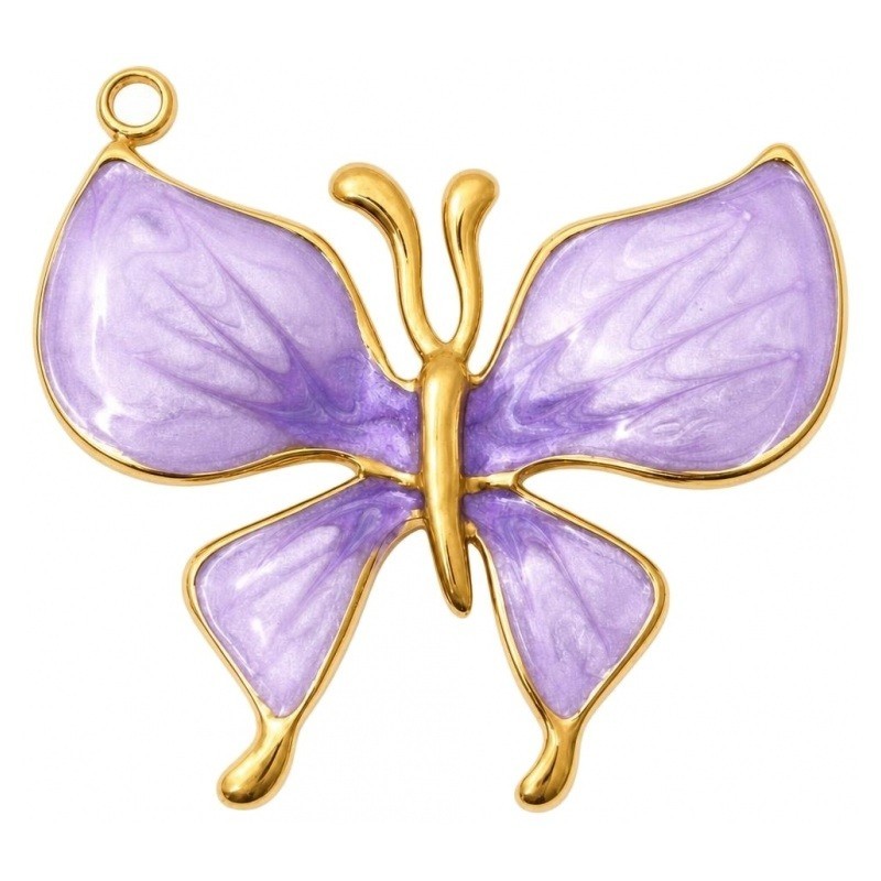 Breloque Papillon en Émail Mauve Acier Inoxydable Doré 27x25mm