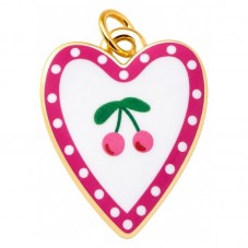 Breloque Coeur Cerises 3D en Émail Métal Doré 19x15mm pour la Création de Bijoux Fantaisie - DIY