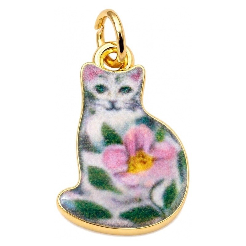 Breloque Chat 3D en Émail Métal Doré 13x12mm