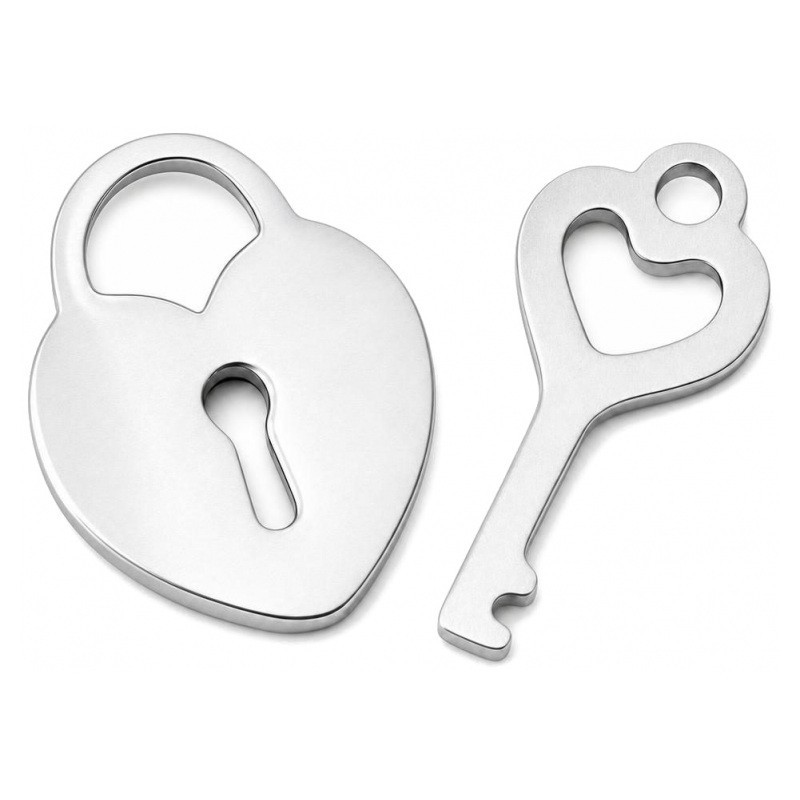 2 Breloques Coeur Serrure et Clé en Acier Inoxydable Argenté 13x10mm