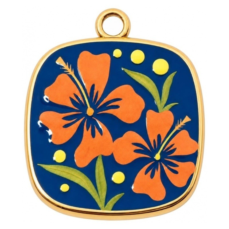Breloque Fleur Hibiscus en Émail Acier Inoxydable Doré 21x19mm