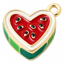 Breloque Pastèque Coeur en Émail Métal Doré 13x11mm pour la Création de Bijoux Fantaisie - DIY