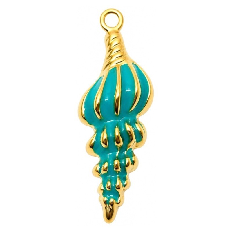 Breloque Coquillage Stylisé en Émail Turquoise Acier Inoxydable Doré 37x12mm