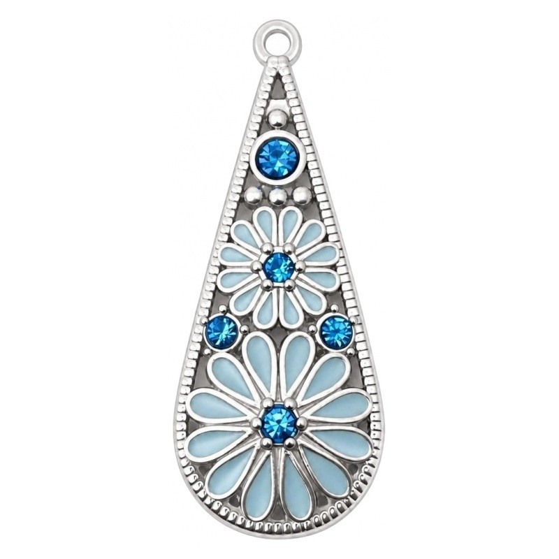 Breloque Goutte Fleurs en Émail et Strass Métal Argenté 42x17mm