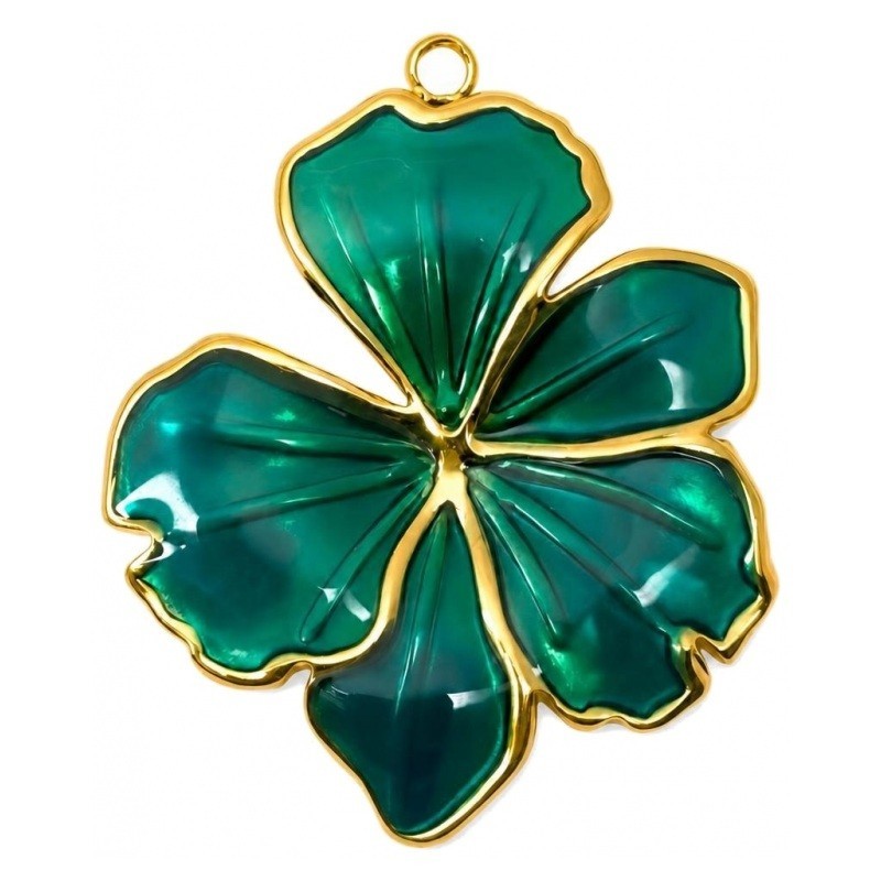 Breloque Fleur Stylisée en Émail Vert Acier Inoxydable Doré 32x25mm