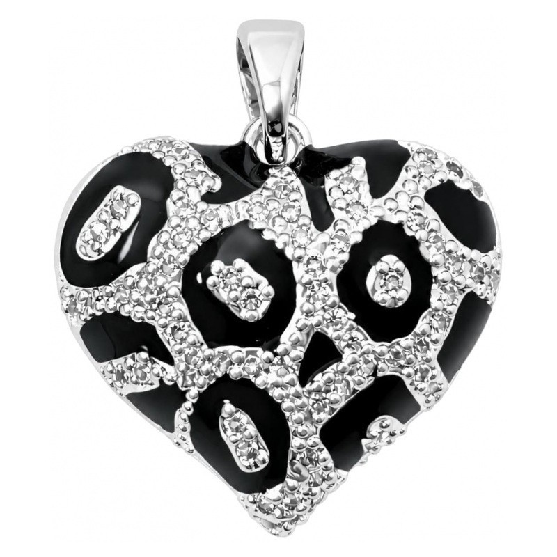 Breloque Coeur en Émail Noir et Zircon Métal Argenté 23x20mm