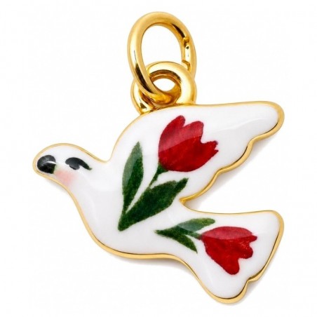 Breloque Oiseau Fleurs en Émail Acier Inoxydable Doré 14x13mm