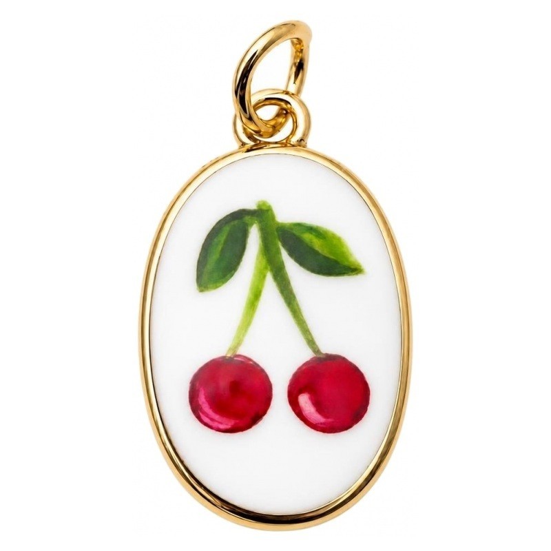 Breloque Cerises Rétro en Émail Acier Inoxydable Doré 23x13mm