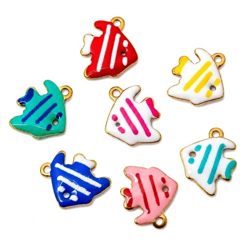 7 Breloques Poissons en Émail Acier Inoxydable Doré 12x8mm