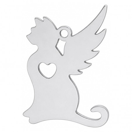Breloque Chat Ailé en Acier Inoxydable Argenté 21x15mm