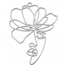 Breloque Visage Femme Fleur Onirique Stylisée en Acier Inoxydable Argenté 44x34mm pour la Création de Bijoux Fantaisie - DIY
