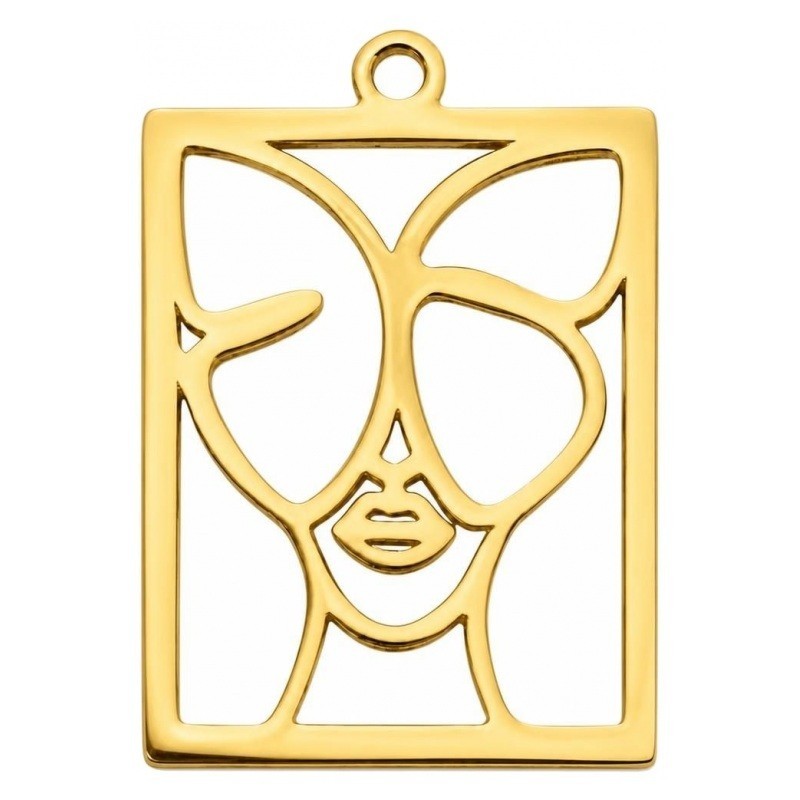 Breloque Cadre Visage Femme Papillon Onirique en Acier Inoxydable Doré 26x18mm