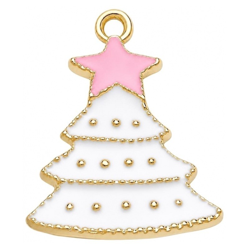 2 Breloques Sapin de Noël en Émail Blanc Métal Doré 22x16mm