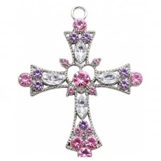 Breloque Pendentif Croix Argentée Strass Rose Gothique 42x32mm pour la Création de Bijoux Fantaisie - DIY