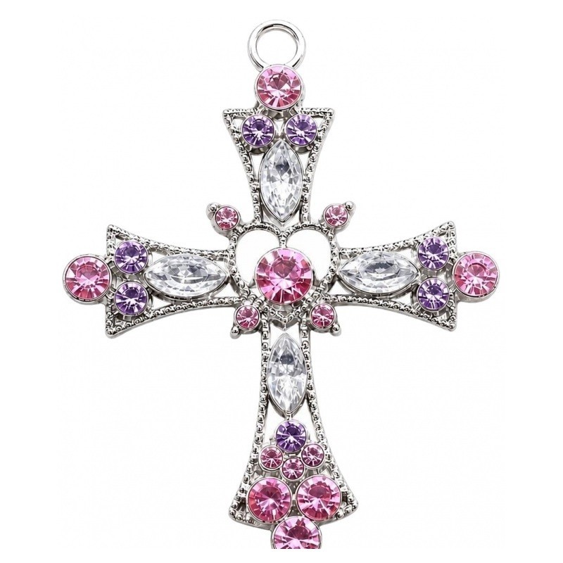 Breloque Pendentif Croix Argentée Strass Rose Gothique 42x32mm