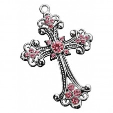 Breloque Pendentif Croix Argentée Strass Rose Gothique 68x45mm pour la Création de Bijoux Fantaisie - DIY