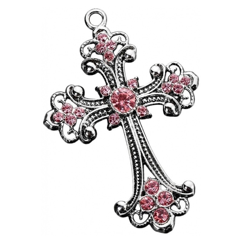 Breloque Pendentif Croix Argentée Strass Rose Gothique 68x45mm