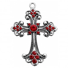 Breloque Pendentif Croix Argentée Strass Rouge Gothique 68x45mm pour la Création de Bijoux Fantaisie - DIY