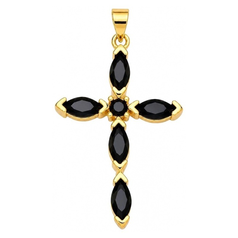 Breloque Pendentif Croix Métal Doré Zircon Noir 42x25mm