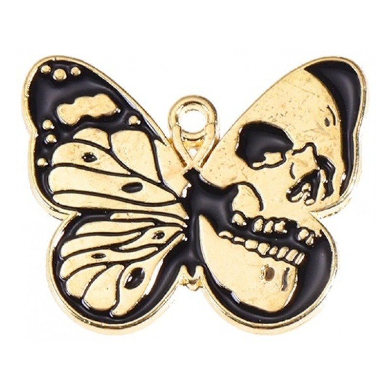 Breloque Papillon Tête de Mort Crâne Métal Doré en Émail Noir Gothique 28x23mm