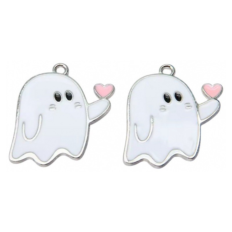 2 Breloques Fantôme en Émail Blanc Métal Argenté Halloween 26x19mm