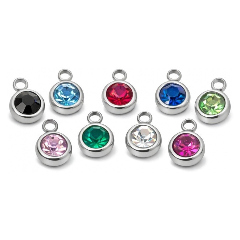 4 Breloques Rondes avec Strass Coloré Métal Argenté en Acier Inoxydable 8x6mm
