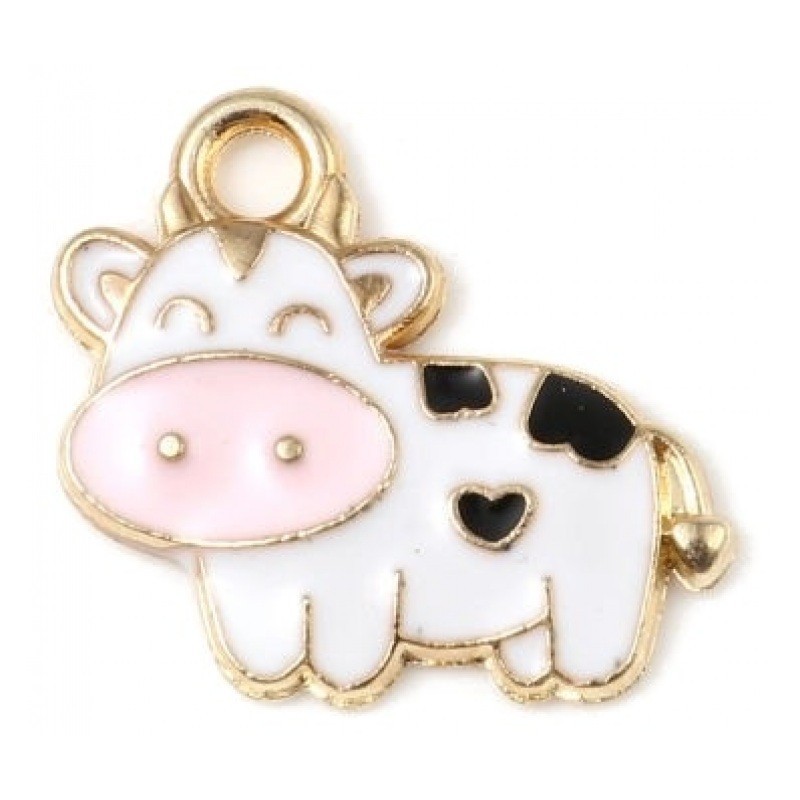 2 Breloques Vache en Émail Métal Doré 19x17mm