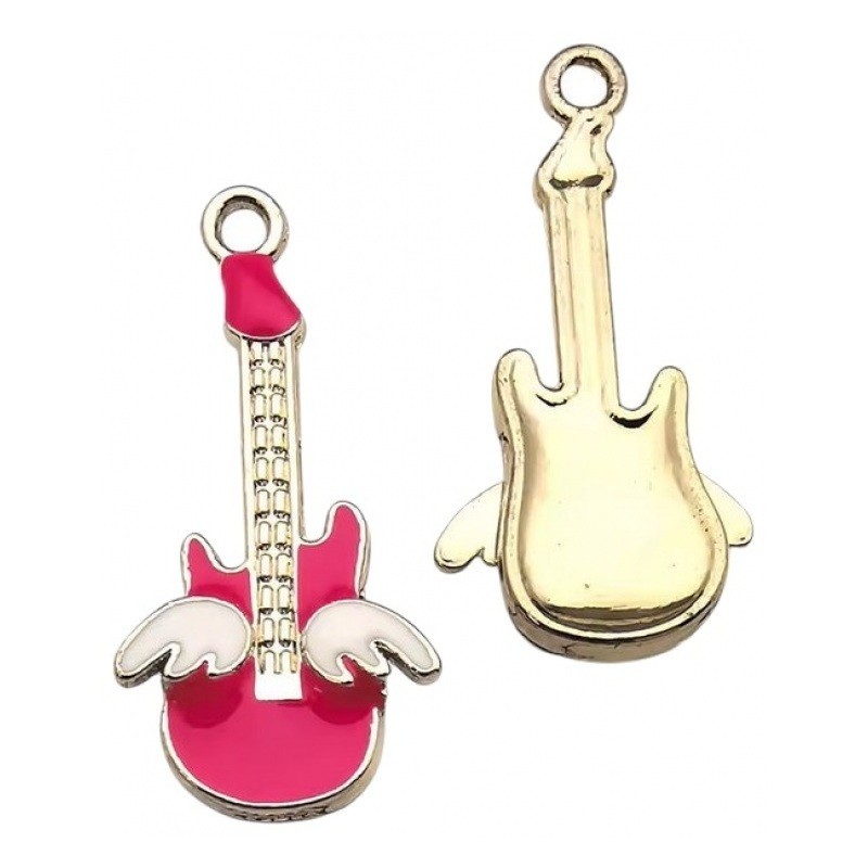 2 Breloques Guitare Électrique en Émail Métal Doré 32x16mm