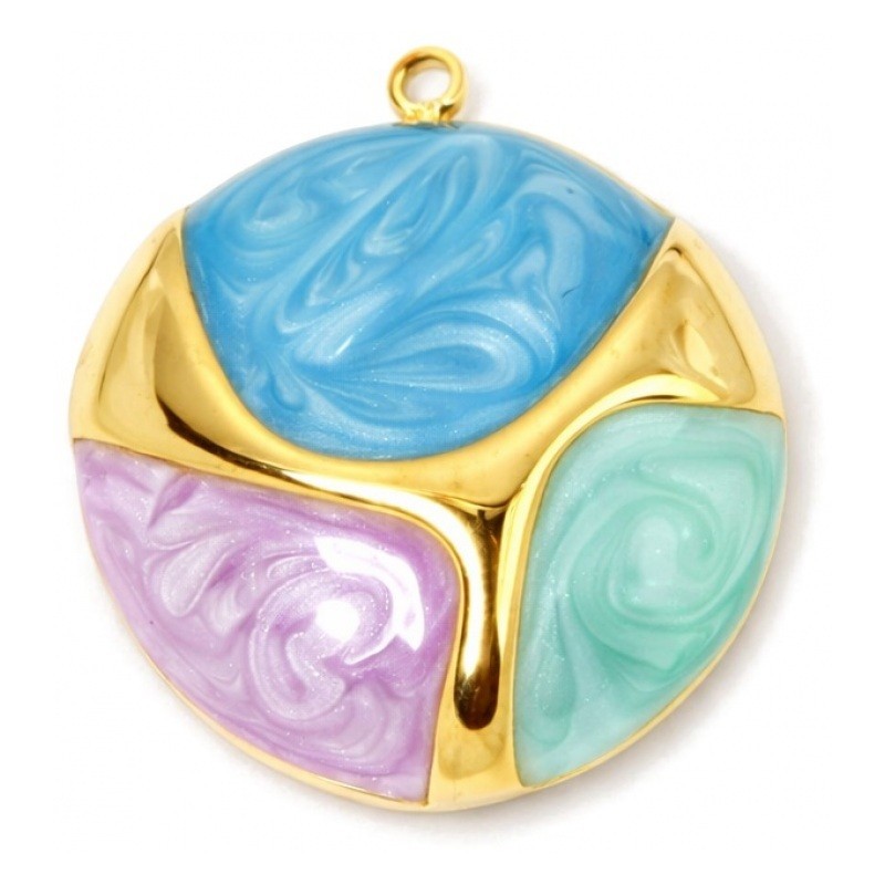 Breloque en Émail Bleu Rose Turquoise en Acier Inoxydable Doré 26x23mm