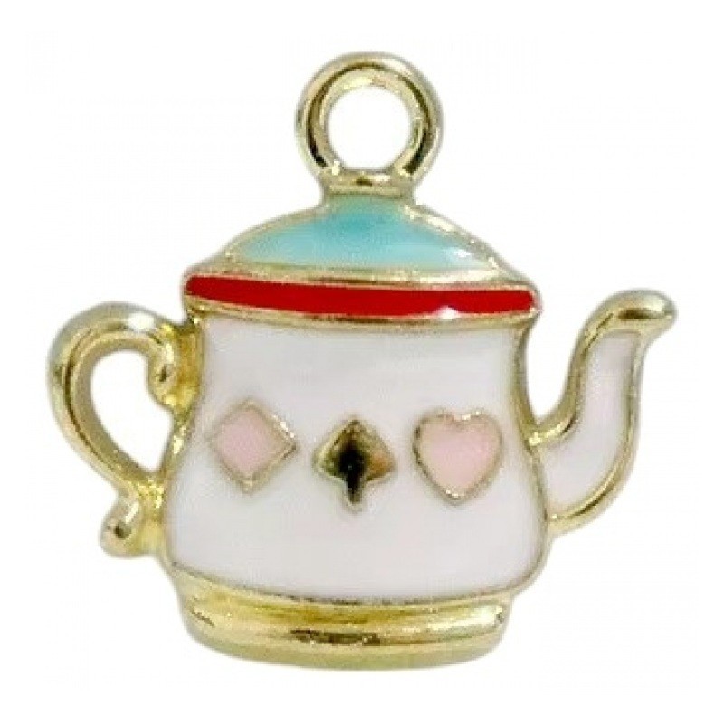 2 Breloques Théière Alice au Pays des Merveilles en Émail Métal Doré 17x18mm