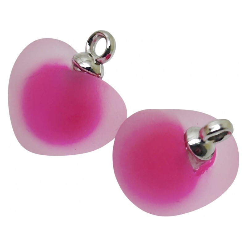 2 Breloques Coeur en Résine Translucide Effet Givré Métal Argenté 18mm