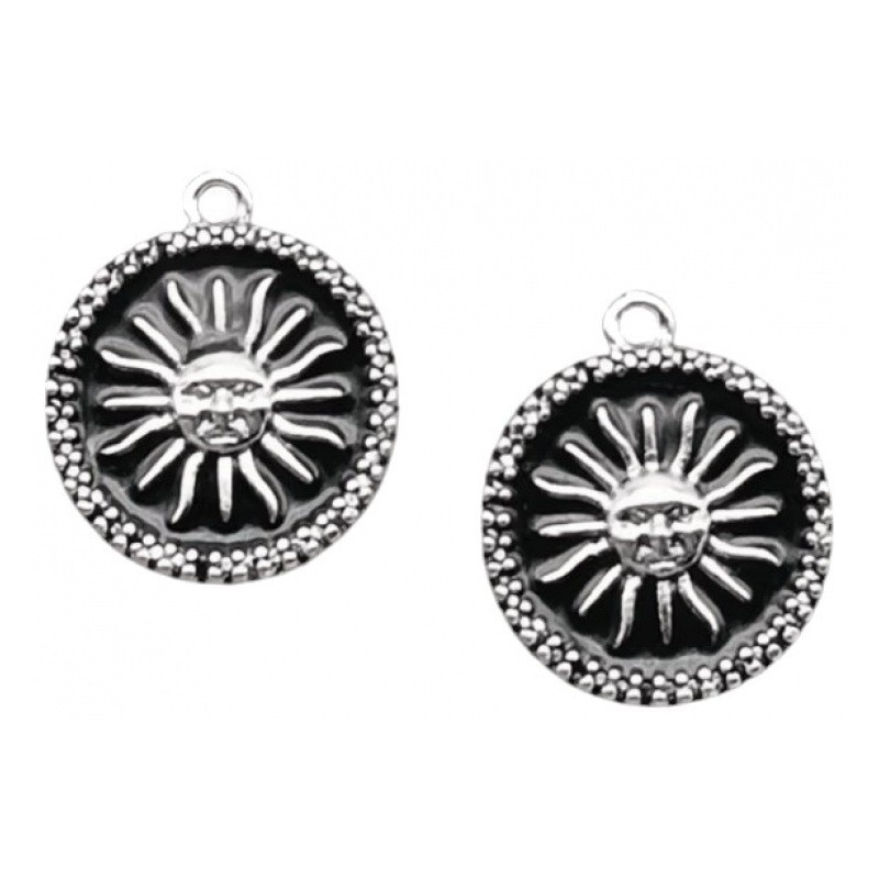 2 Breloques Soleil en Émail Noir Métal Argenté 19x16mm