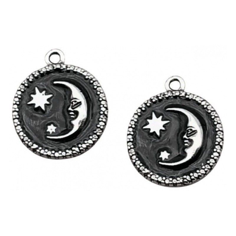 2 Breloques Lune en Émail Noir Métal Argenté 19x16mm