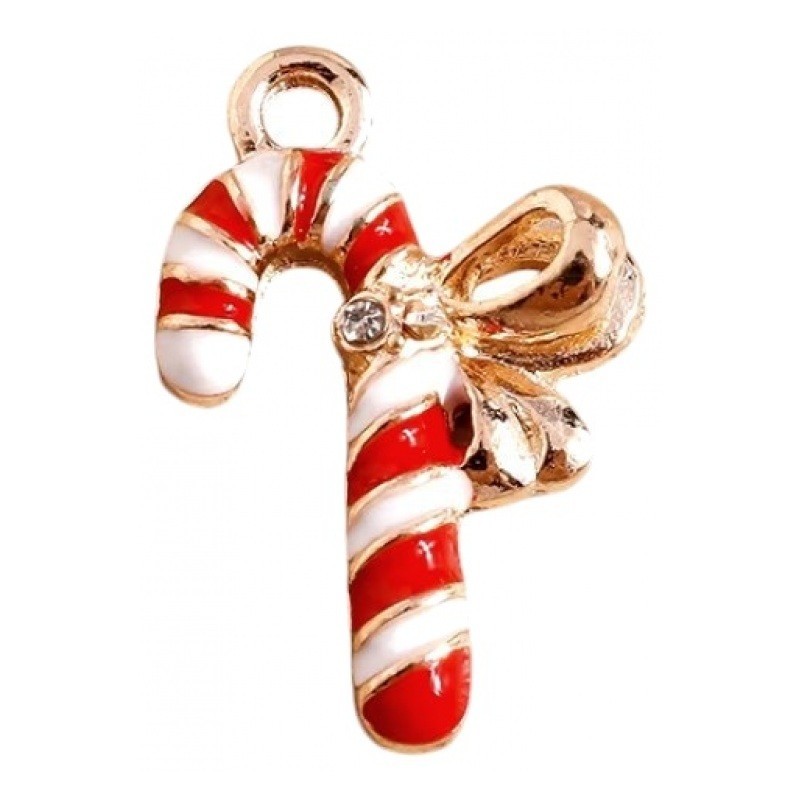 2 Breloques Sucre d'Orge Noël en Émail Métal Doré Strass 22x15mm