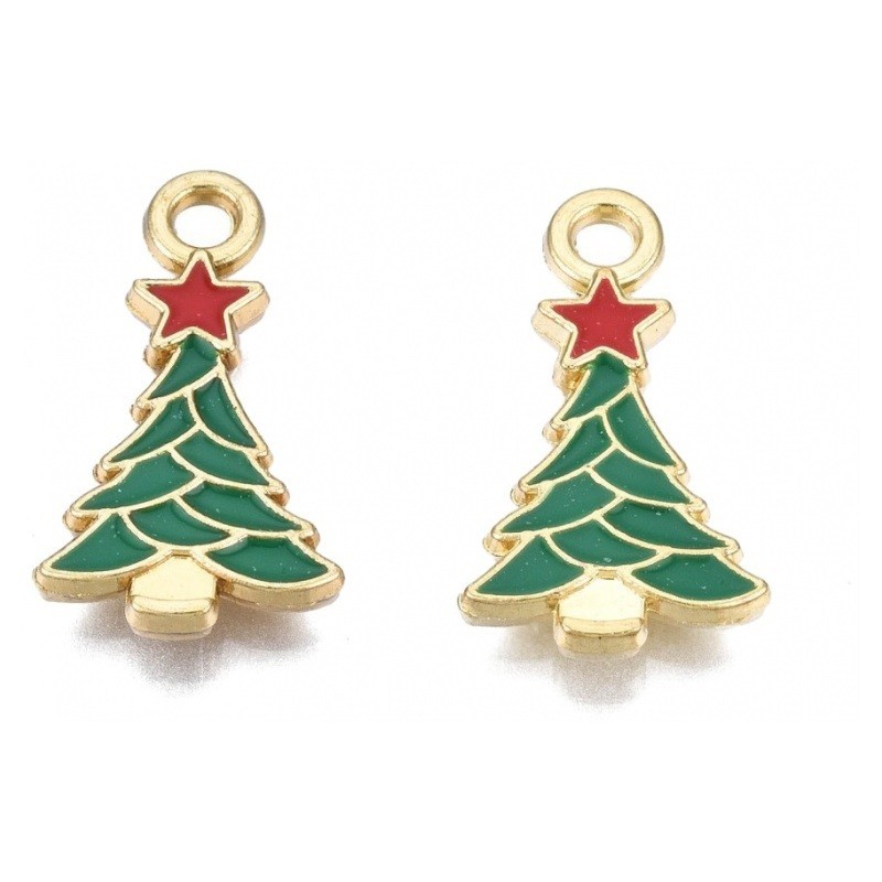 10 Breloques Sapin de Noël Métal Doré en Émail Vert 20x11mm