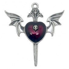 Breloque Coeur Ailes Tête de Mort en Émail Rouge Métal Argenté Gothique 37x33mm pour la Création de Bijoux Fantaisie - DIY