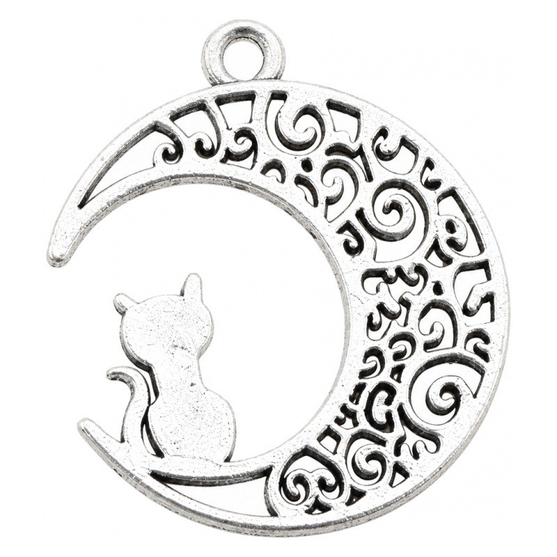 2 Breloques Chat Lune Ajourée Argent Vieilli 29x25mm