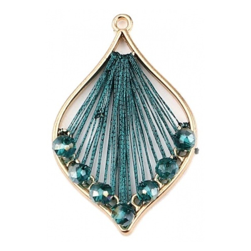 Breloque Pendentif Goutte Fil Perlé Vert Métal Doré 42x26mm