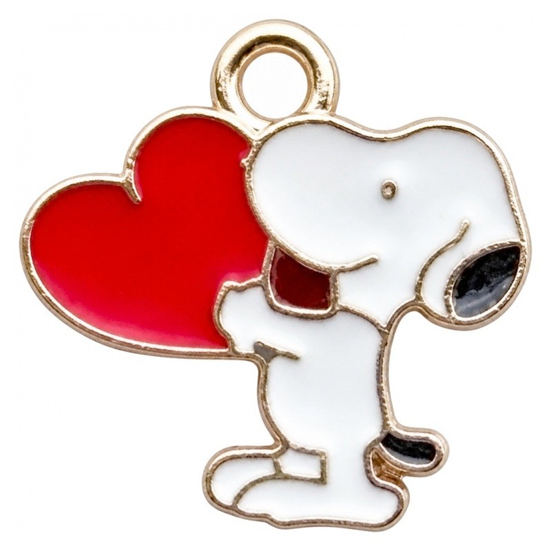 2 Breloques Snoopy Coeur en Émail Métal Doré 16x16mm