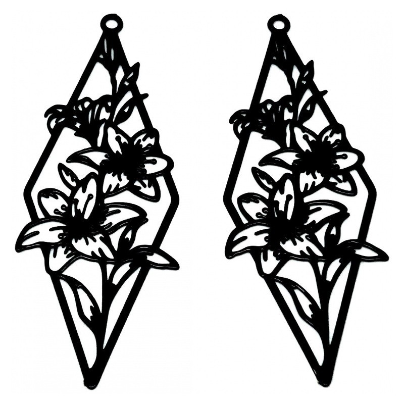2 Breloques Pendentif Fleurs Estampe Filigrane Ajouré Noir 44x16mm