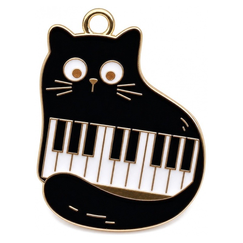 2 Breloques Chat Noir Piano en Émail Métal Doré 28x22mm