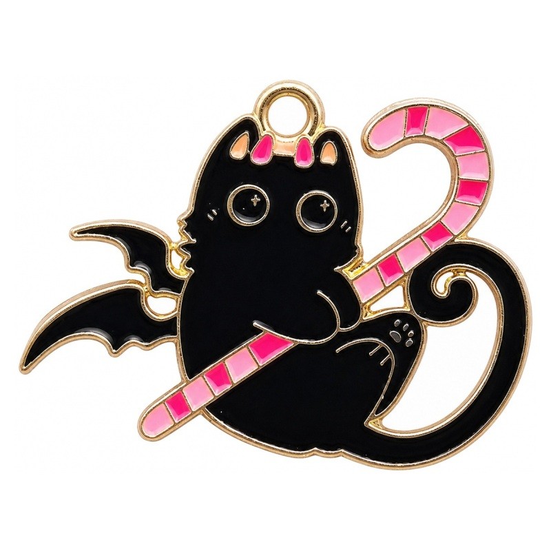 2 Breloques Chat Noir Sucre d'Orge en Émail Métal Doré Gothique 30x24mm