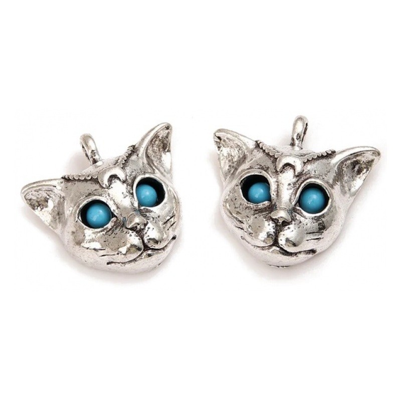 Breloque Chat Gothique Yeux en Résine Métal Argenté 25x24mm