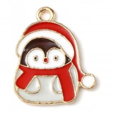 2 Breloques Pingouin de Noël en Émail Métal Doré 21x17mm pour la Création de Bijoux Fantaisie - DIY