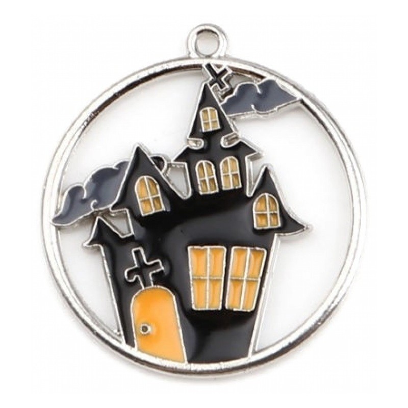 2 Breloques Maison Hantée en Émail Noir Métal Argenté Halloween 26x17mm