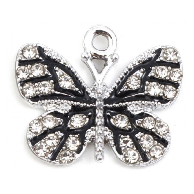 2 Breloques Papillon Noir Métal Argenté avec Strass 19x17mm