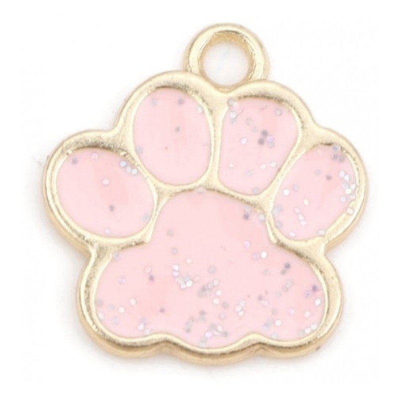 2 Breloques Patte Chat/Chien Émail Rose Métal Doré 17x16mm