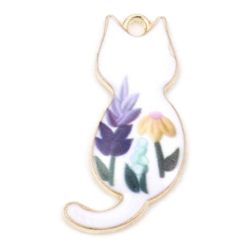 2 Breloques Chat Fleurs en Émail Métal Doré 30x16mm