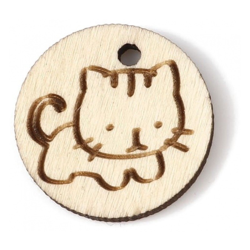 5 Breloques Rondes en Bois Chat Gravé 19mm