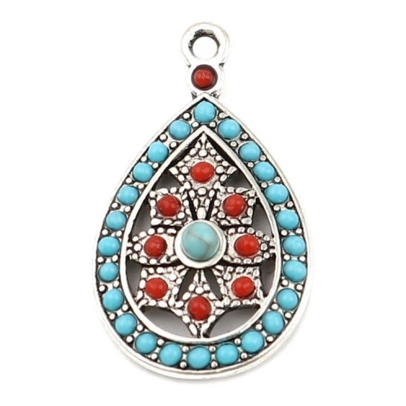 2 Breloques Goutte Style Bohème en Résine Métal Argenté 29x17mm